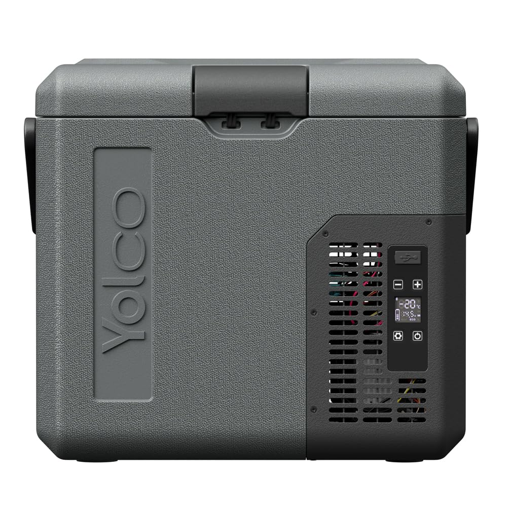 Yolco ET18 Carbon kompresorowa lodówka turystyczna 18 l z akumulatorem SC4B – przenośna lodówka i zamrażarka do -20°C, 12/24 V DC i 230 V, USB, do samochodu, ciężarówki, łodzi, na kemping, szara