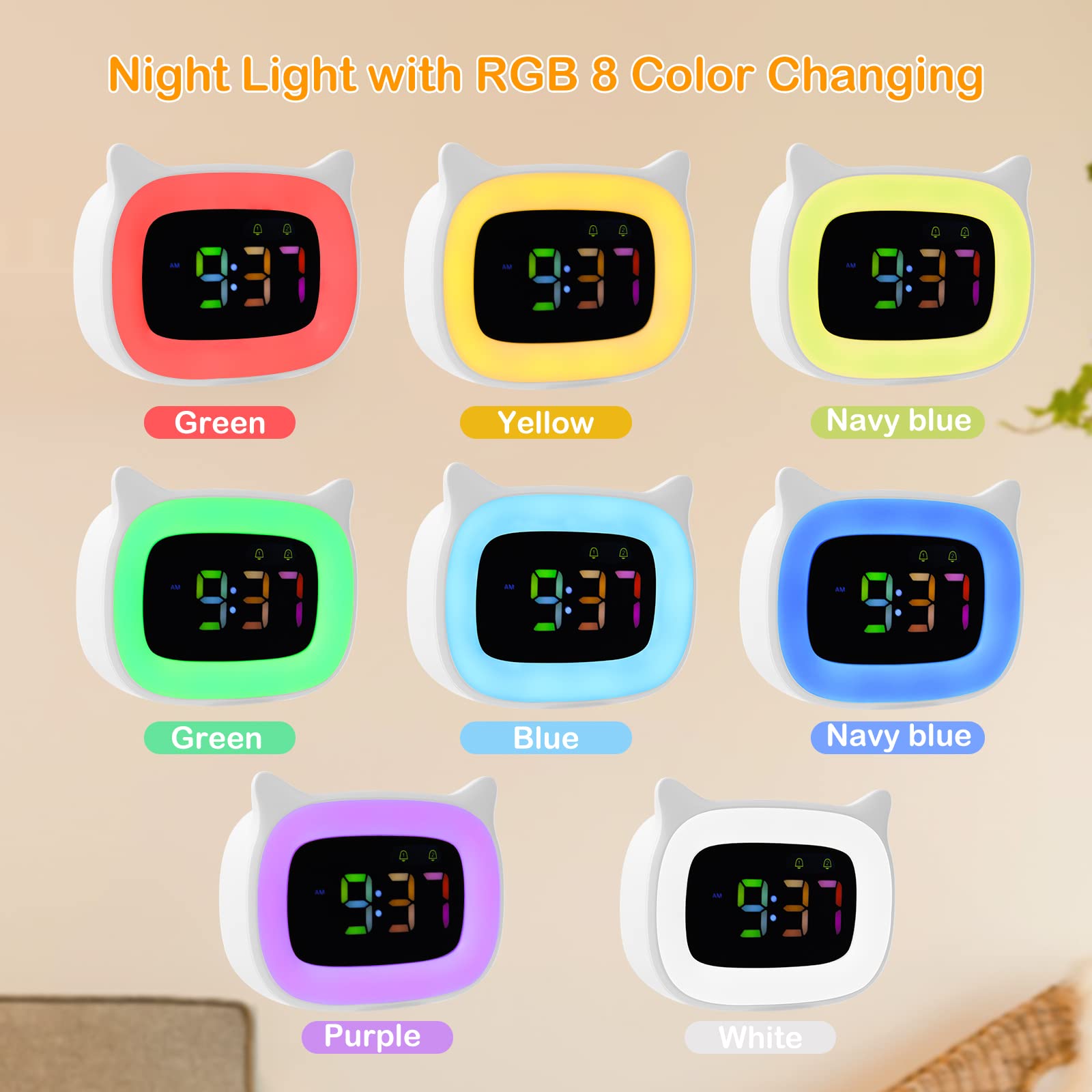 Condition photo showing New/Like New for seutgjie cute alarm clock with night light for kids teens girls boys toddler bedrooms bedside rgb 8 color changing 18 ringtones dual alarms snooze modes 12/24 hour energy-saving mode white