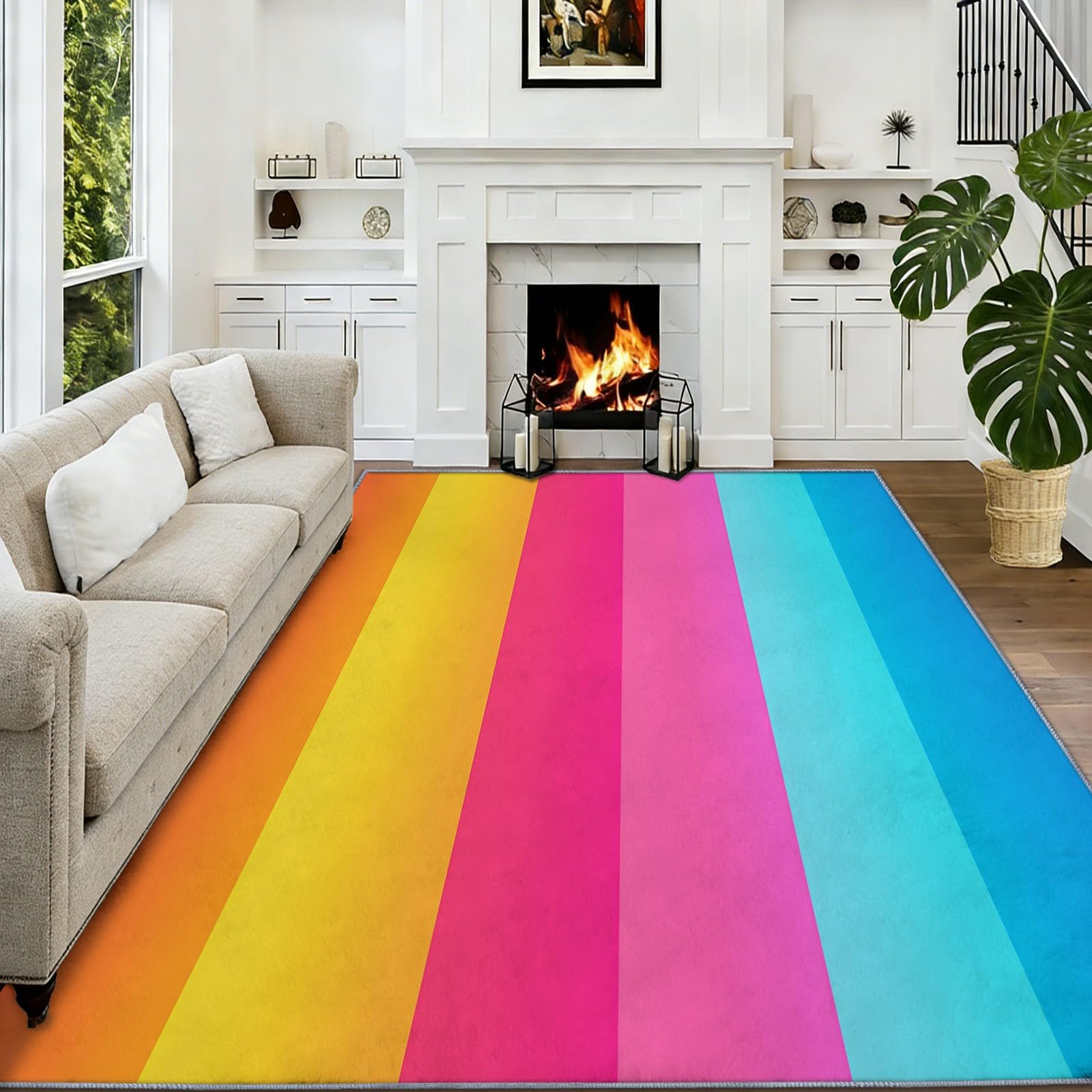Dywan 120 x 180 cm Można prać w pralce w poziome geometryczne paski, antypoślizgowy, bezpieczny flanelowy dywanik do sypialni, salonu i łazienki - łatwy do czyszczenia, krótki włos, kolor