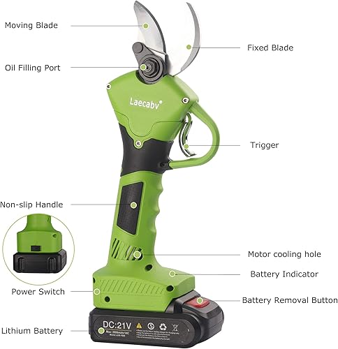 Miniatura 2 de Laecabv Tijeras eléctricas para cortar ramas, batería de iones de litio de 21 V, 1.181 in, inalámbricas, tijeras de podar para jardín, frutales,