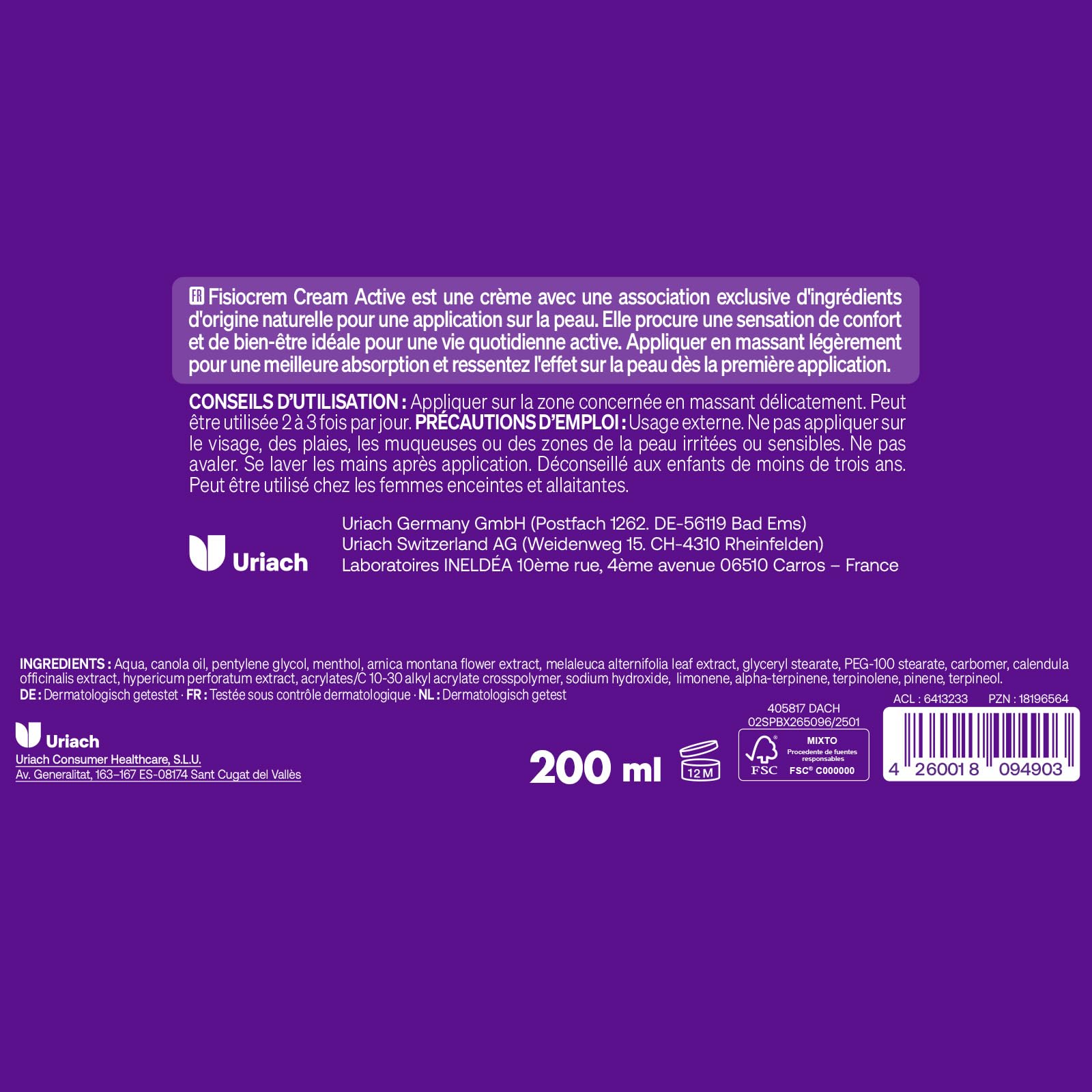 Fisiocrem Cream Active - Crème Apaisante Zones de Tension - 93% Ingrédients Naturels - Formats 200 ml