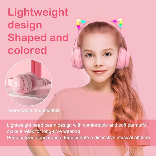 Miniatura 7 de SIMGAL Auriculares Bluetooth con orejas de gato para niños modo inalámbrico y con cable auriculares plegables con micrófono luz LED RGB para niñas