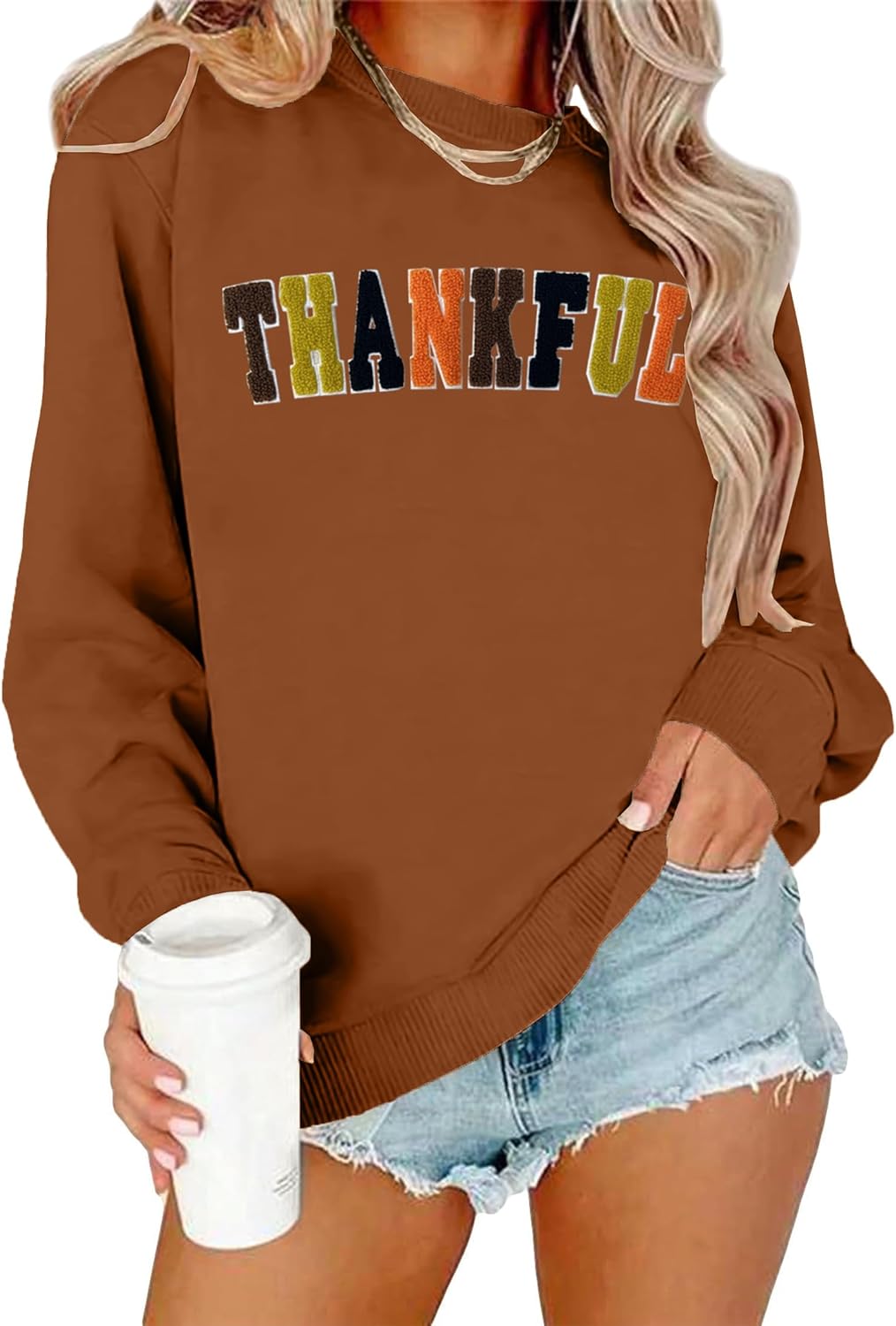 Thanksgiving Sweatshirts for Women Chenille Thankful Sweatshirt Fall Colorful Letter Print Pullover Oversized Tops