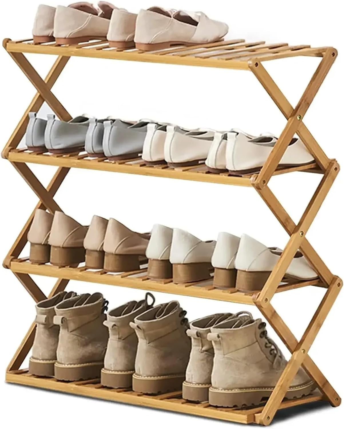 Foldable Bamboo Shoe Rack, No Assembly SpaceSaving Multifunctional Organizer for Home & Entryway（4tier Medium-Wood）