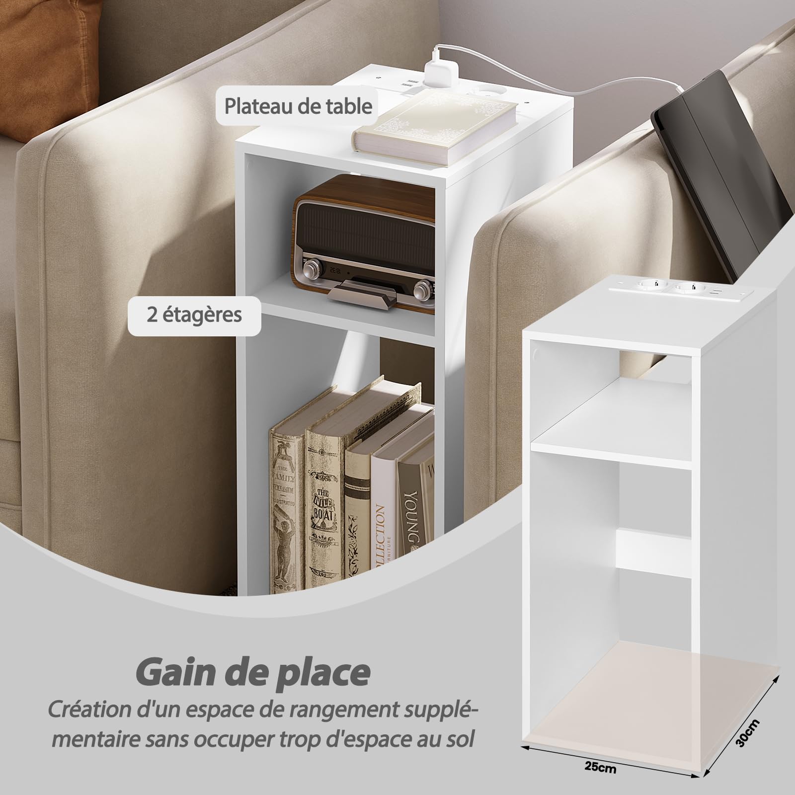 WOLTU Table de Chevet, Table d’appoint avec Station de Charge, 2 Compartiments Ouverts, 2 Ports USB+2 Prises, Blanc, 25x30x60cm, NTS06ws
