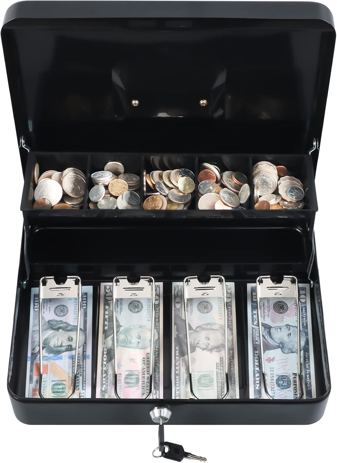 xydled Cash Box with Money Tray and Key Lock,Tiered, Cantilever Design,4 Bill / 5 Coin Slots,11.8" x 9.5" x 3.5",Black