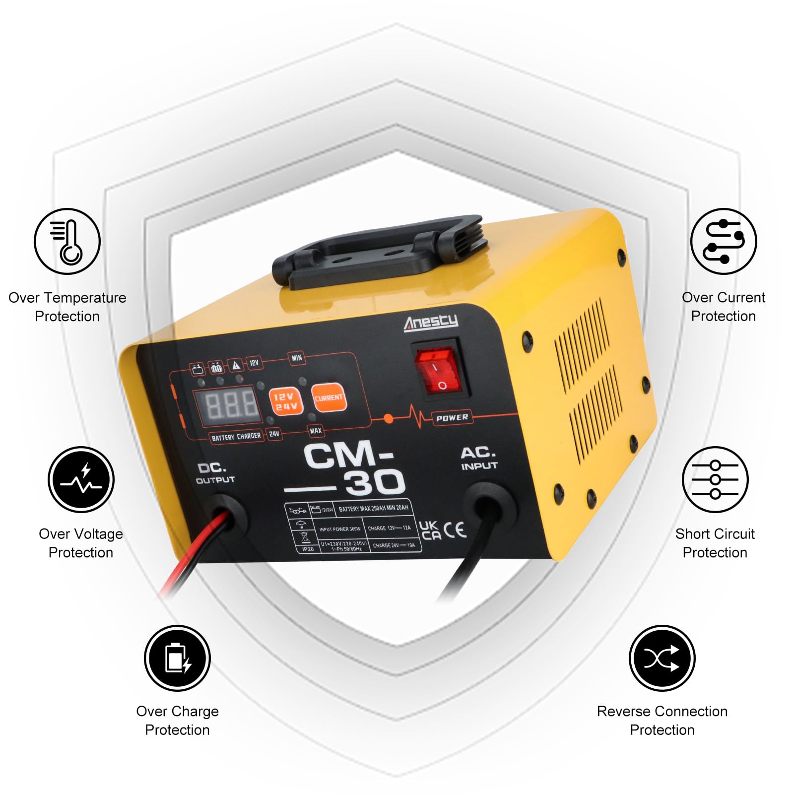Anesty Cargador de batería de coche de 12 V, 24 V, 20-250 Ah, cargador de batería inteligente de plomo-ácido, unidad de carga automática de batería de coche resistente para furgoneta, motocicleta,