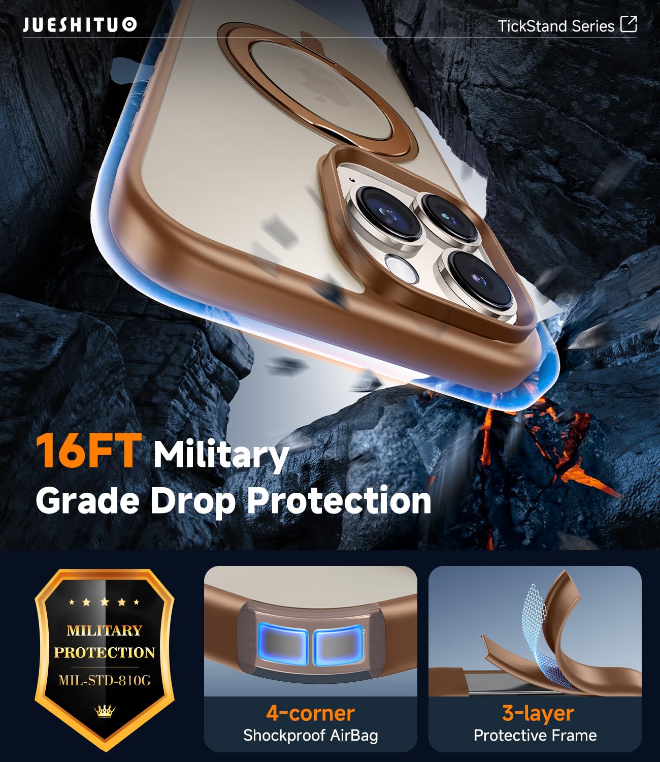 JUESHITUO Supporto Magico 360° Cover per iPhone 16 Pro con Magsafe [Protezione Militare] [Supporto Invisibile] Resistente Agli Urti e Graffi Ultra-sottile Ultra Sottile Custodia, Oro del Deserto