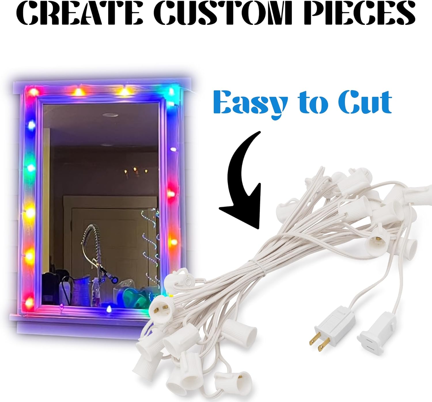 HLO Lighting C7 Light Strings | 50' White Cord with 12" Socket Spacing, E12 Light Stringer for C7 Christmas Lights