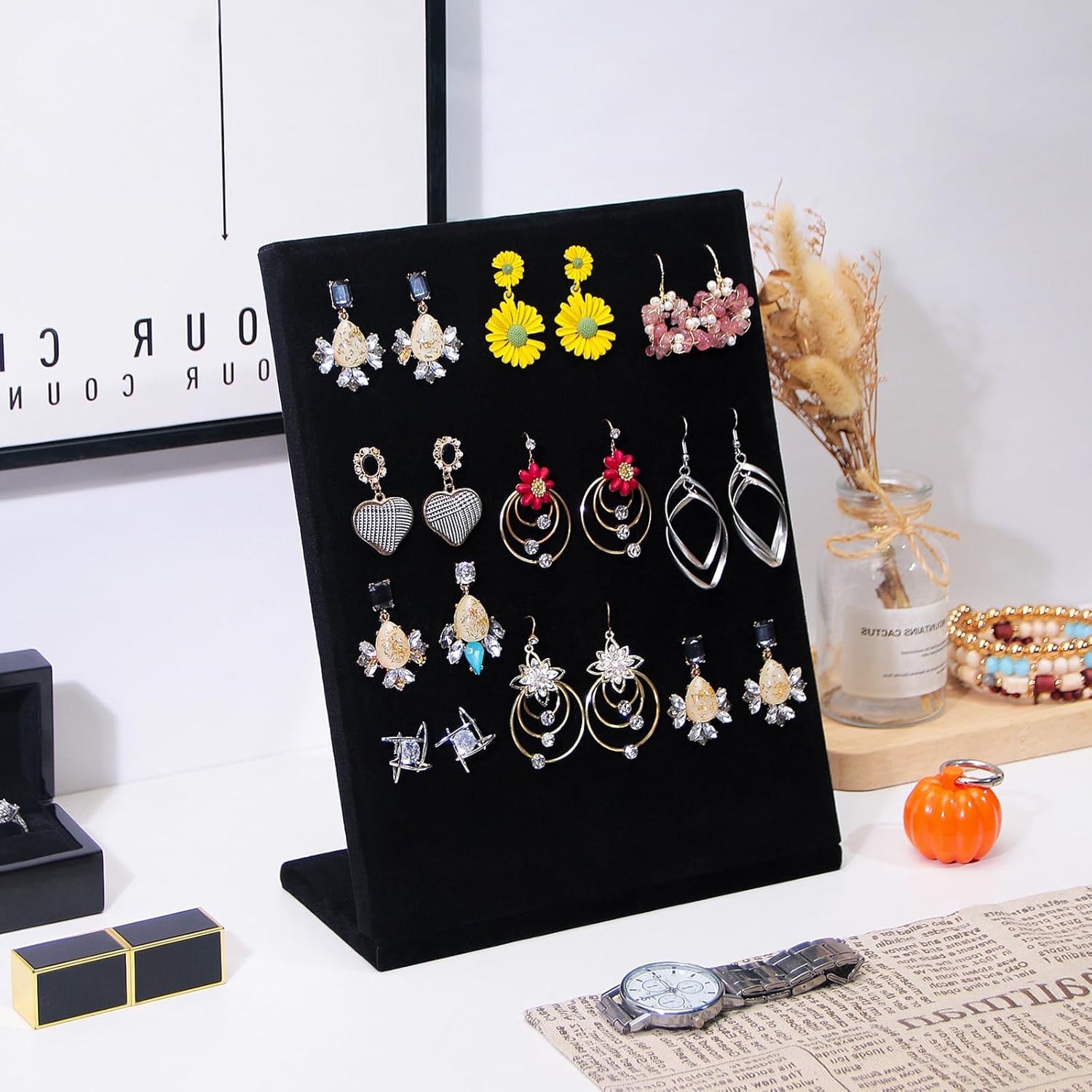 Ring Display Stand, Velvet Ring Holder, 50 Slots Rings Organizer Jewelry Display Tray, L-Shaped Jewelry Organizer Stand for Rings Earrings Selling (2, Black)