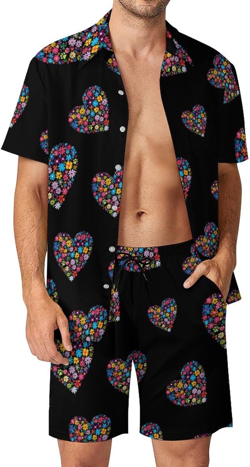 Flower Heart Men's Summer Beach Outfits Shirt And Shorts Set 2 Piece Vacation Swimwear