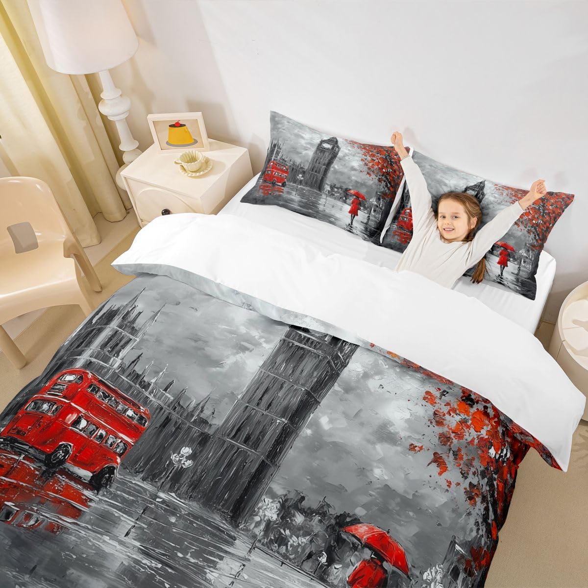 Feelyou London Bedding Set for Couples Soft Microfiber Big Ben Duvet Cover Grey Red Double Decker Bus Pattern Comforter Cove Decorative Cityscape Bedspread Cover Street Full Zipper&Ties