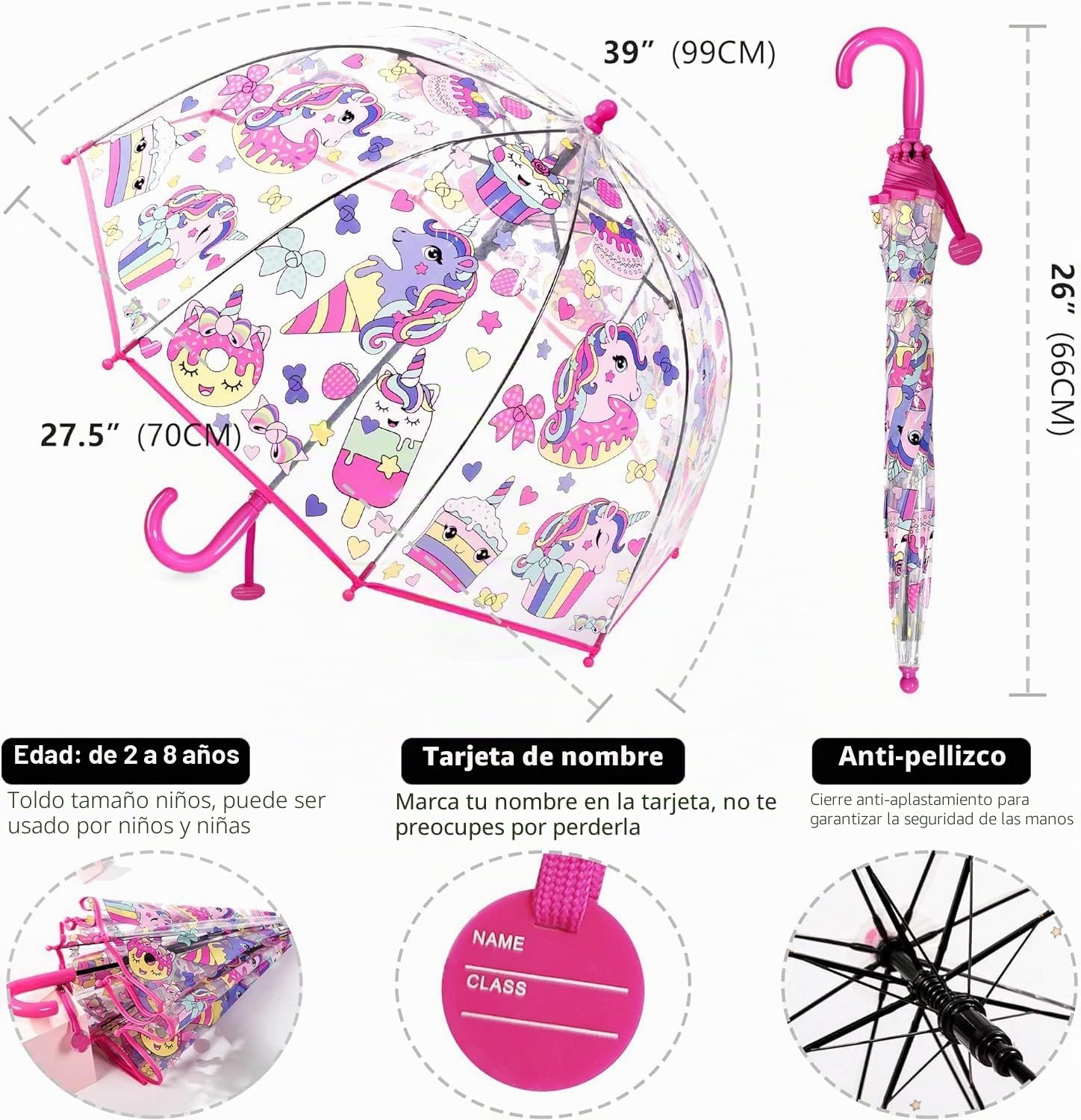 Rhomba Paraguas Transparente de Burbuja para Niños - Ligero y Lindo 8 Fibras Costillas Cúpula Perfecto para Correr (Unicornio Rosa), S