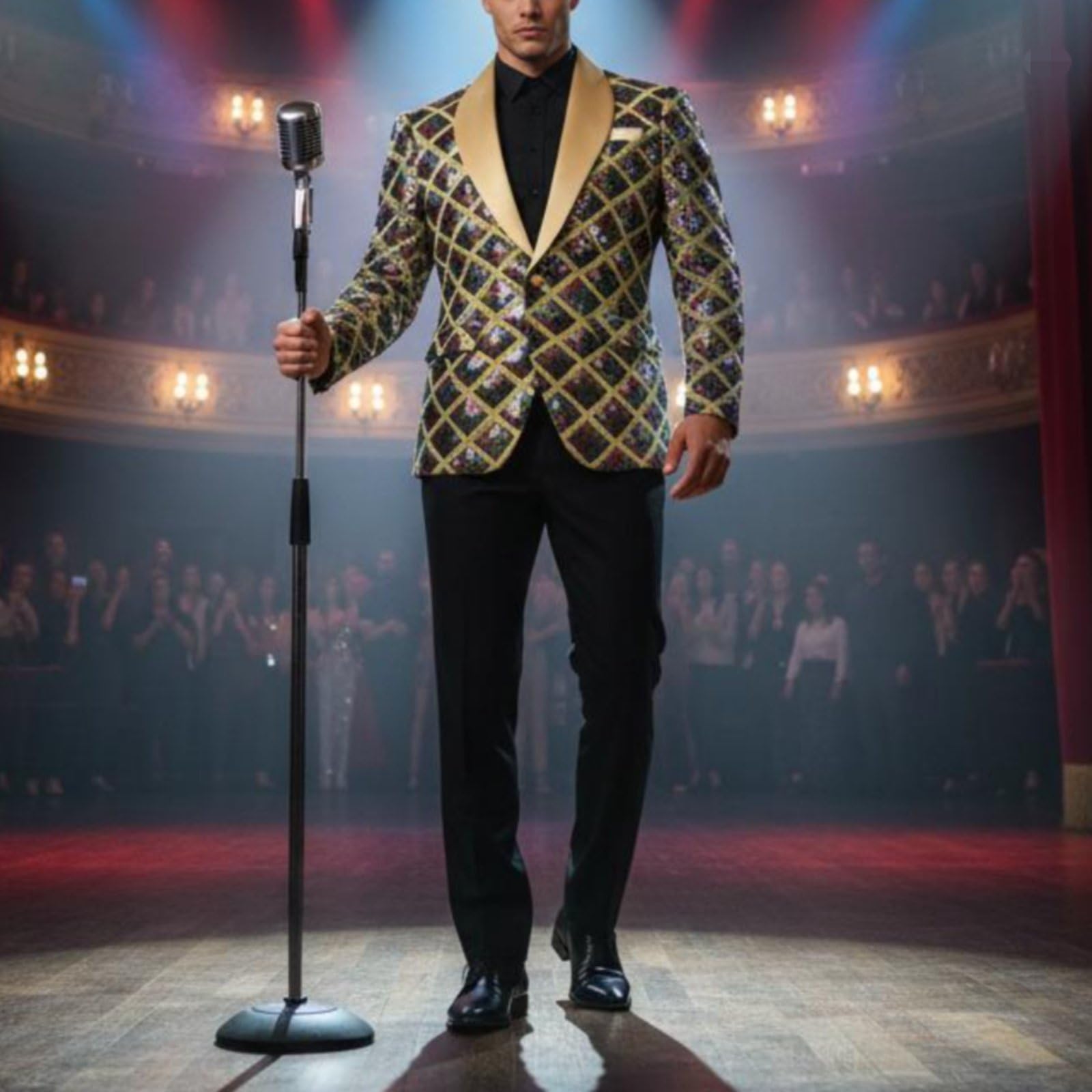 Giacca da Uomo con Paillettes Design Elegante Jacket Paillettes Monopetto Giacca Dinner Jacket Brillante per Artisti, Presentatori, Palcoscenico, Oro, S