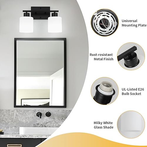 Miniatura 4 de WILON Lámparas de baño negras sobre espejo, 2 luces de tocador con pantallas de vidrio blanco lechoso, apliques de baño modernos, lámpara de pared