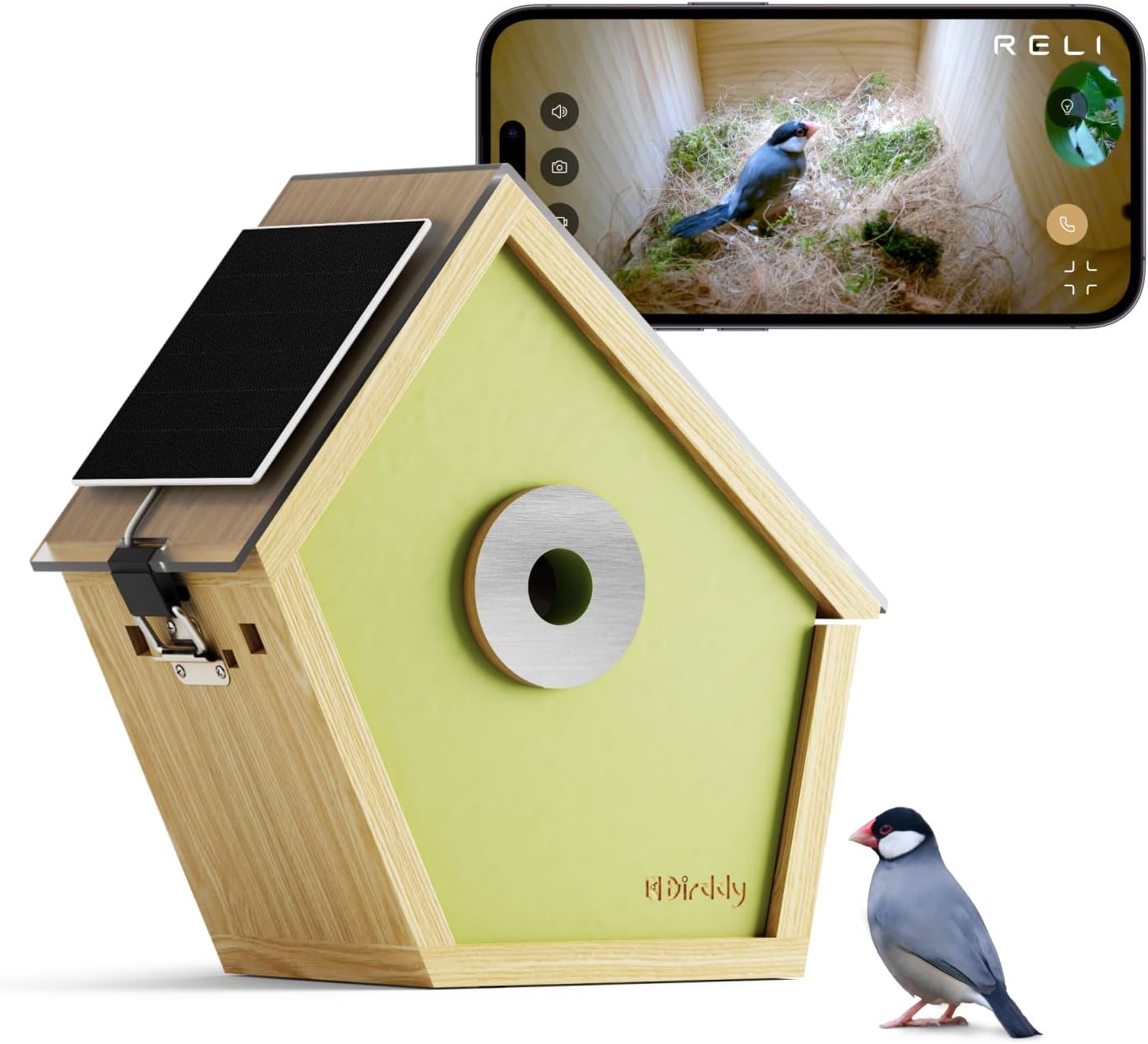 RELI Birddy Smart Birdhouse with Camera, Solar Powered Cam Bird Nest with AI Recognition, Time-Lapse Photography, WiFi Outdoor Nesting Box for Garden Birds, Gift for Bird Lover Watching Birds