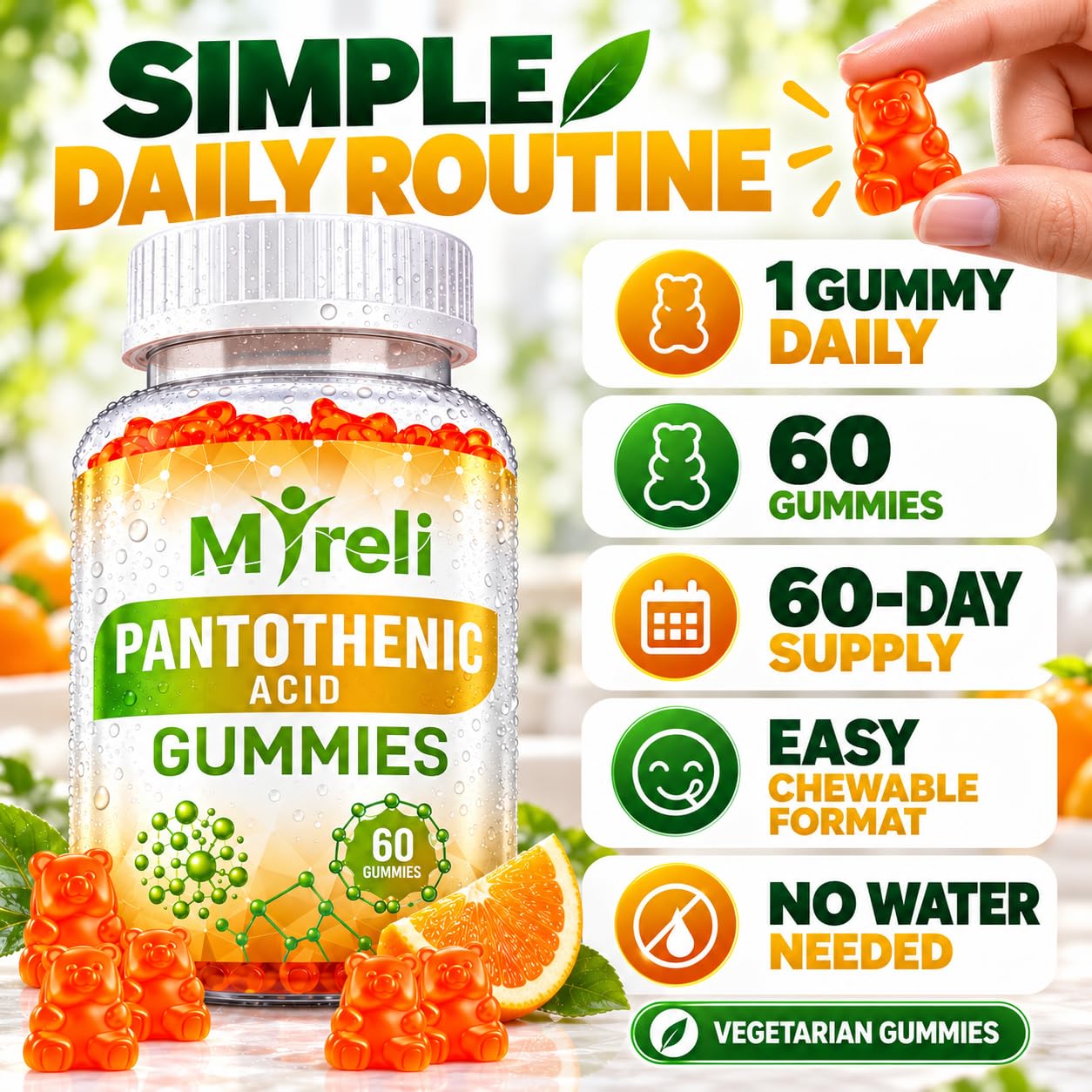 Pantothenic Acid Gummies - Vegetarian Vitamin B5 Supplement, D-Calcium Pantothenate Formula, Non-GMO, Gluten Free, 60 Chewables, Gelatin Free, Soy Free, Dairy Free, No Artificial Colors — Amazon image 4