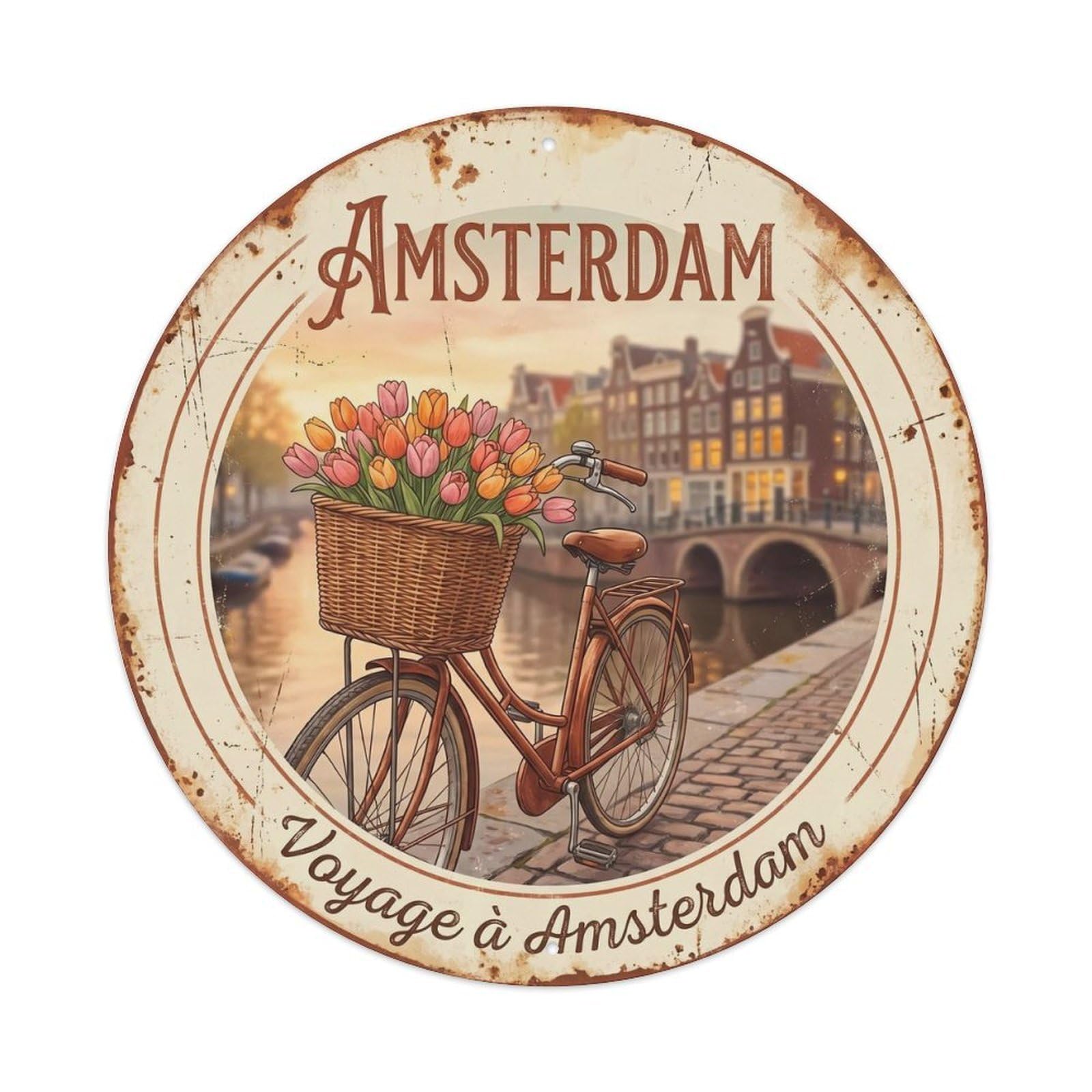 Amsterdam Bicycle Basket Vintage Canal Travel Dutch Flowers Metal Tin Sign Plaque Wall Decor for Cafe, Man Cave, Club Bar, Office, Home Garden Round Metal Poster 8x8Inch