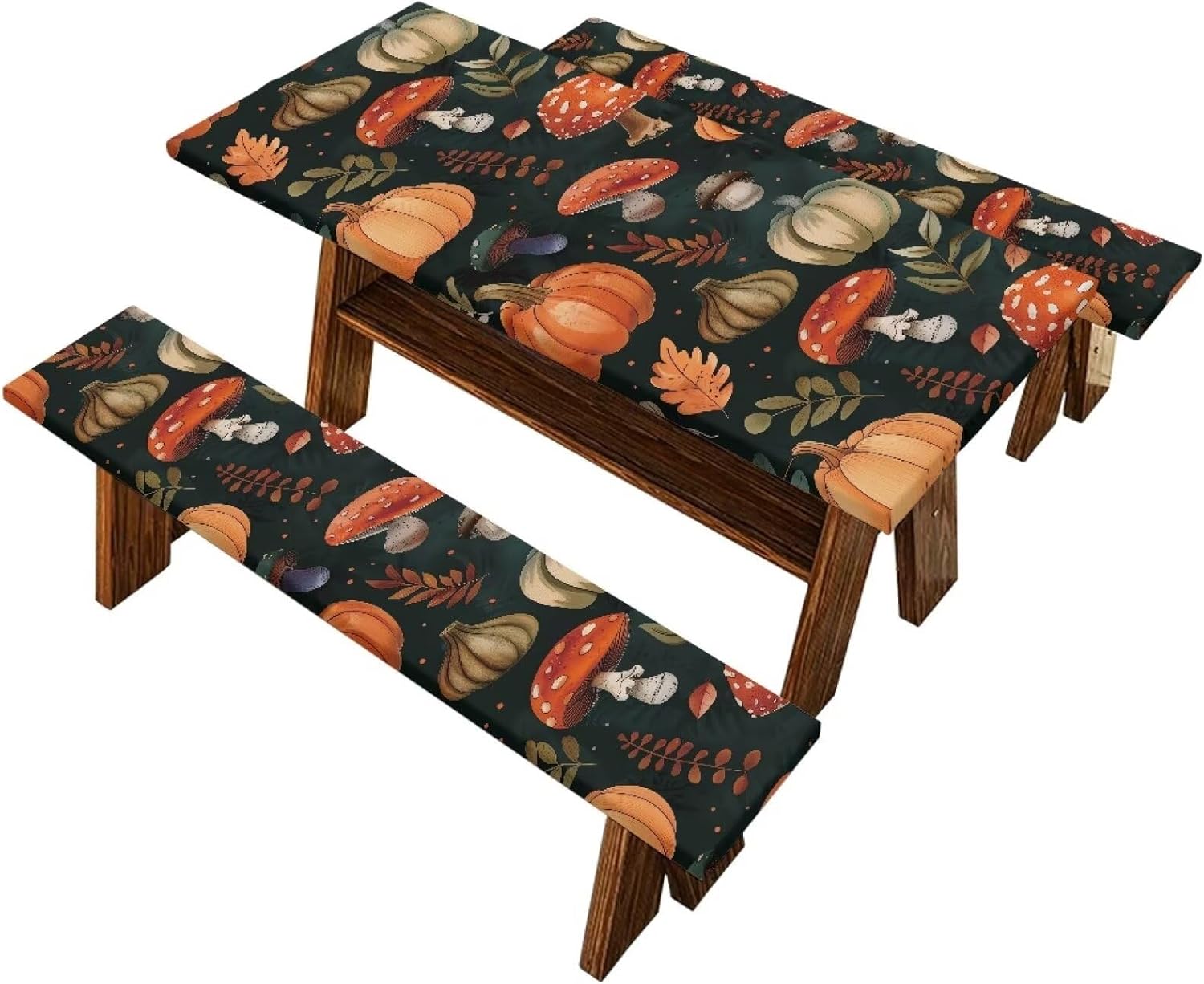 Fall Picnic Table Cover with Bench Covers Fits Tables 72in Rectangle Tables and Seats Mushroom Pumpkin Patio Tablecloth 3 PCS Camping Tablecloth Fitted Rectangle Tables and Seats 72in