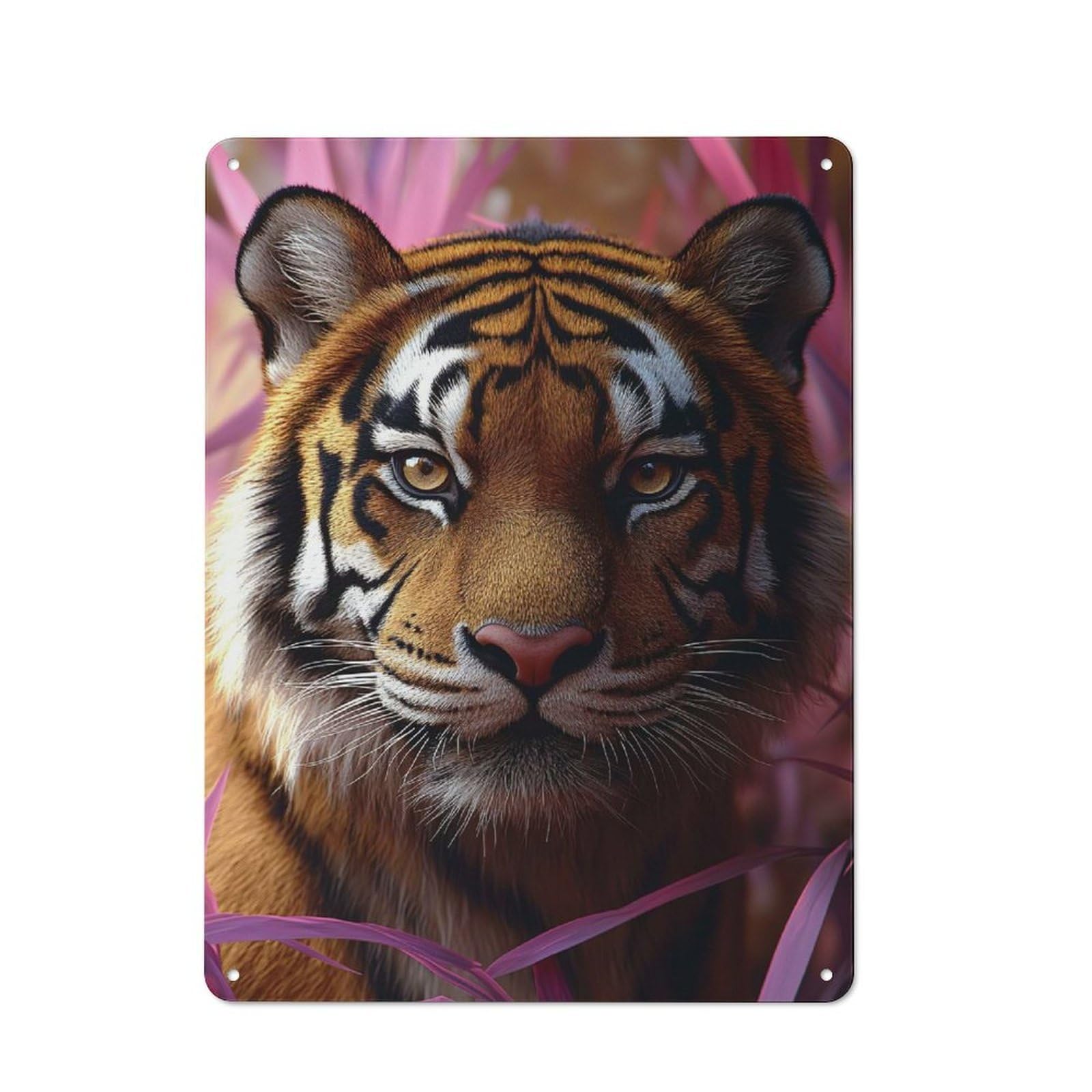 Junmoney Style-19 Farmhouse Metal Sign With Tiger Portrait With Pink Foliage Design 40X30cm, Rustic Country Wall Plaque For Cottage, Kitchen, Hallway Or Breakfast Nook