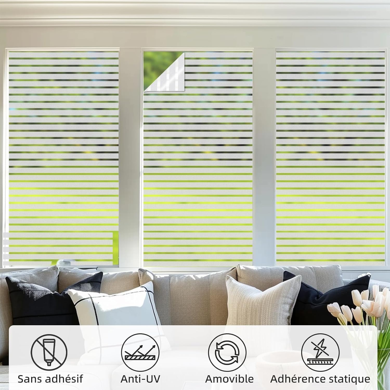 Film Fenetre Anti Regard Motif à Rayures Brise Vue Fenetre 90 x 400cm | motif à rayures classiques, électrostatique, anti UV, réutilisable, pour maison, bureau, cuisine, portes