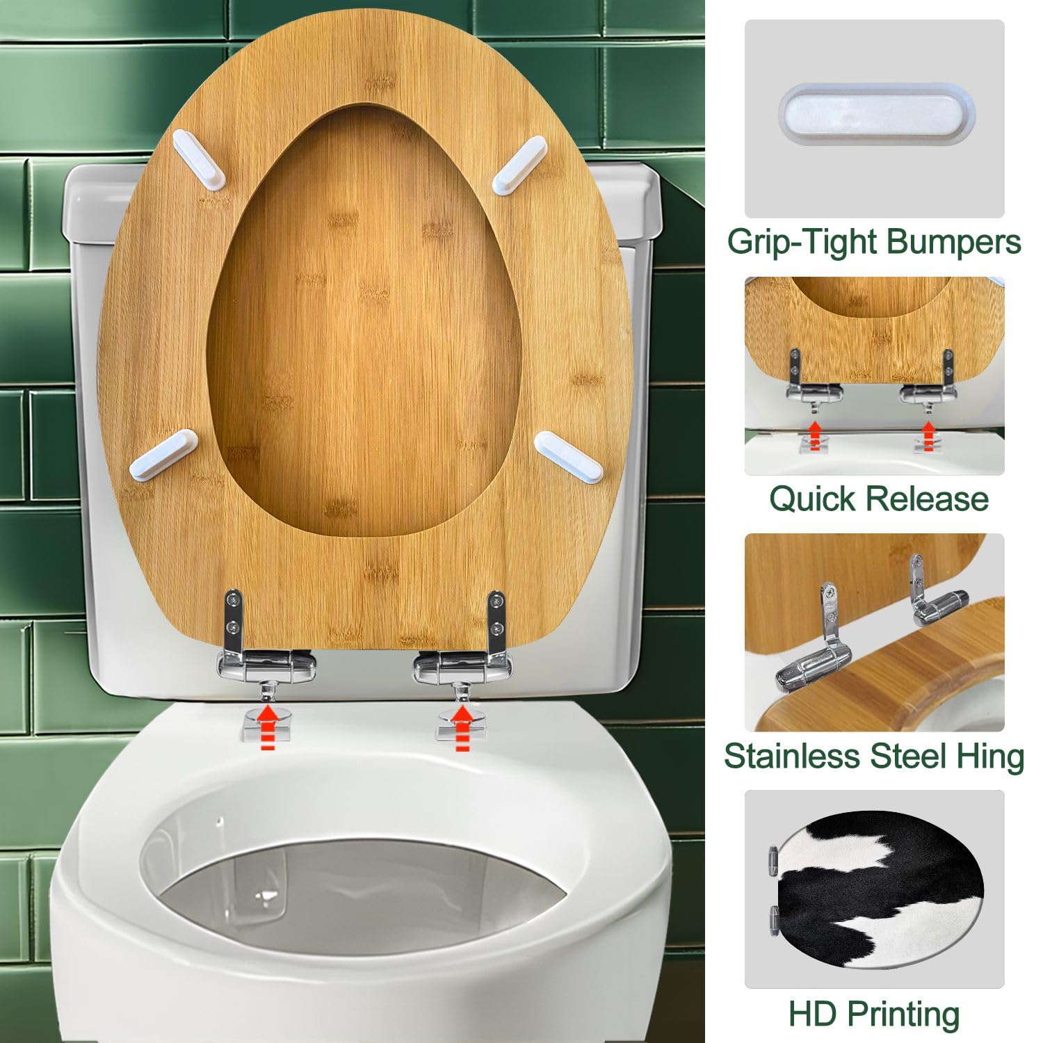 Copriwater decorativo allungato in legno a forma di mucca con cerniere a sgancio rapido, chiusura silenziosa e facile installazione.