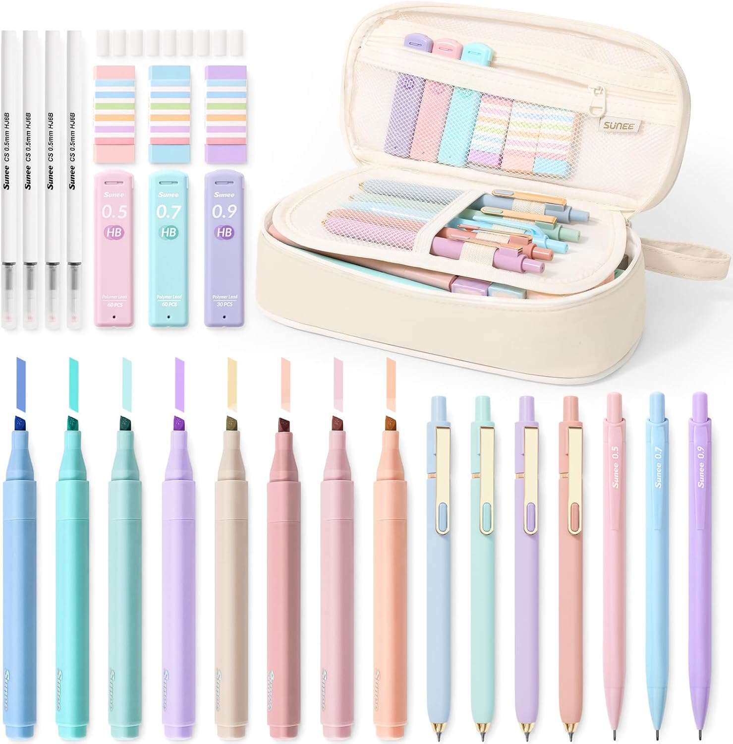 SUNEE Pencil Case with Supplies, 35PCS Aesthetic Stationery Set with Pastel Highlighters, Black Gel Pens, Mechanical Pencils & Refills, College School Supplies for Students Girls Beige