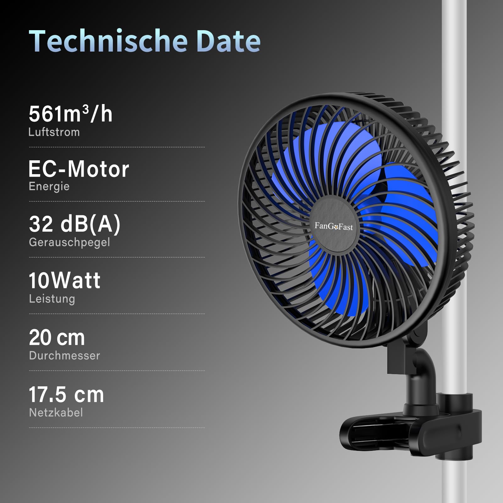 FanGoFast Upgrade Grow Clip-Ventilator Oszillierend, EC Motor mit 10-Geschwindigkeiten, Grow Ventilator Klemmbar für growzelt, 20cm Durchmesser, 10W, 561m³/h Luftstrom, 32 dBA - Lüfter für Growbox