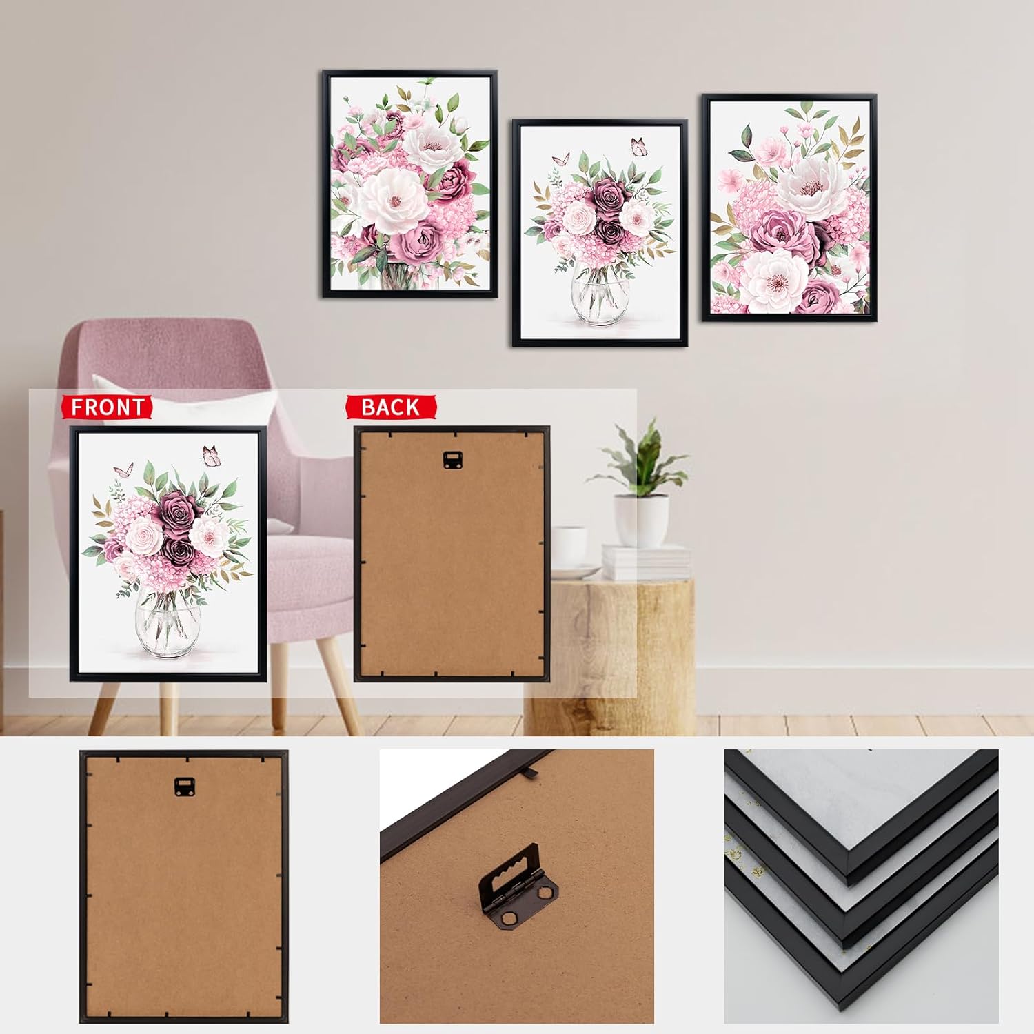 sechars Floral Wall Art Pink Rose Botanical Prints Black Framed Flower Paintings Modern Pink and White Gril Bathroom Bedroom Decor