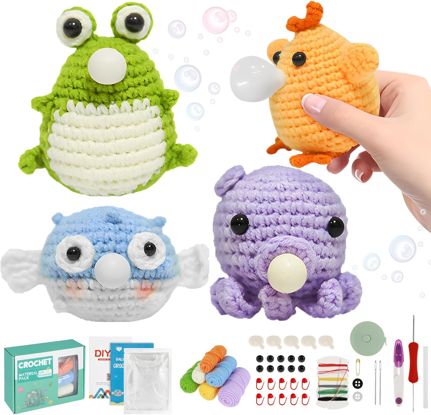 4Pcs Crochet Kit Complete Animal Crochet for Beginners Knitting Kit DIY Crochet Craft Kit Adorable Doll Chick Frog Octopus Starter Pack DIY Crochet Craft Kit with Step-by-Step Tutorials for Adults