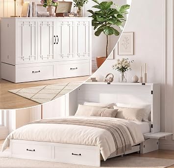 BALUS Queen Murphy Bed with Mattress, Chest Murphy Bed with Storage-White