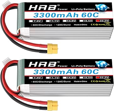HRB 2packs 6S 22.2V 3300mAh 60C XT60 RC Lipo Battery Compatible with RC Helicopter Airplane Car Boat Truck