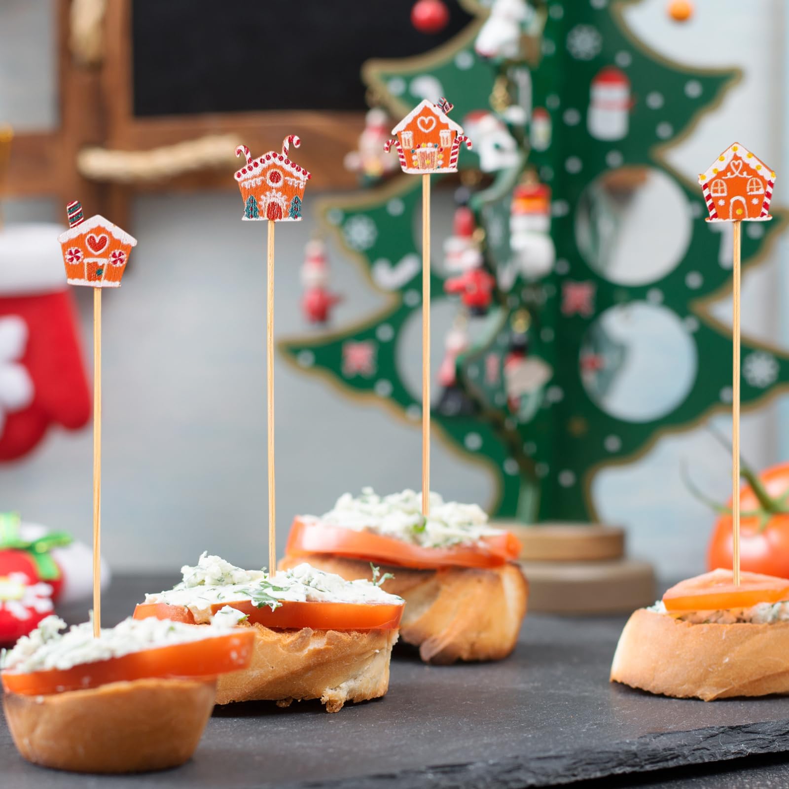 Hushee 400 palillos de cóctel de Navidad con temática de casa de jengibre, palillos de cóctel de Navidad decorativos de madera de bambú, pinchos de Navidad para aperitivos, bebidas, alimentos,
