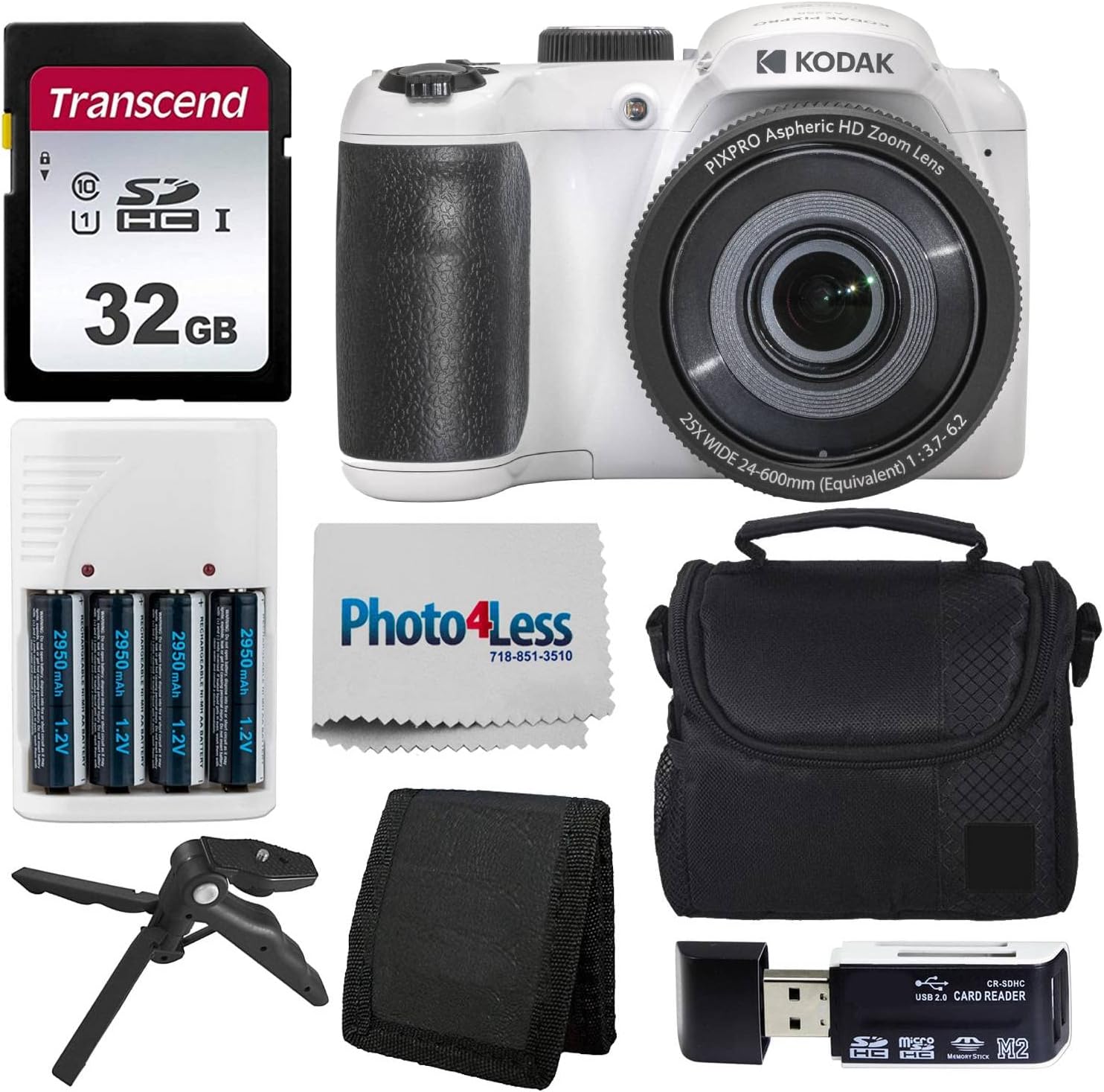 Kodak PIXPRO AZ255 Digital Camera (White) + Point & Shoot Camera Case + Transcend 32GB SD Memory Card + Rechargeable Batteries & Charger + USB Card Reader + Table Tripod + Accessories