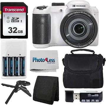 Kodak PIXPRO AZ255 Digital Camera White + Point & Shoot Camera Case + Transcend 32GB SD Memory Card + Rechargeable Batteries & Charger + USB Card Reader + Table Tripod + Accessories