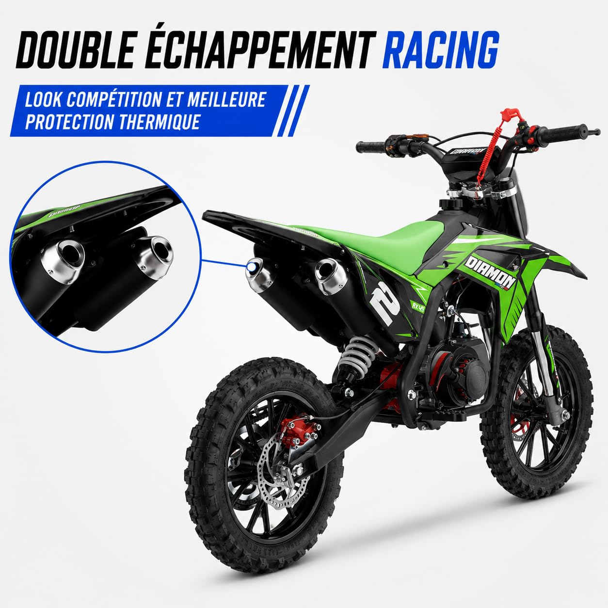 Mini Cross Enfant 49cc Orion RX49 – Pocket Bike Thermique 2 Temps, Démarrage Facile, Freins à Disque, Limiteur Vitesse 3 Pos., Amortisseur Hydraulique – Vert