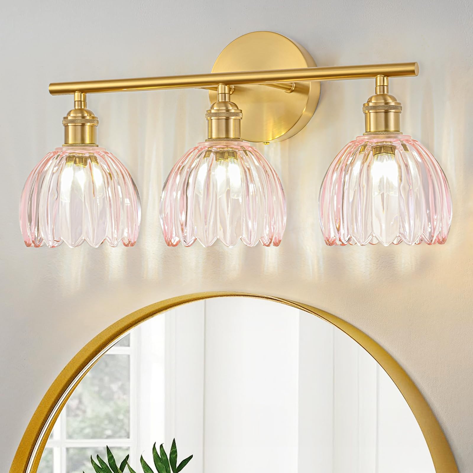 Gold Bathroom Light Fixtures Over Mirror, 3 Light Bathroom Vanity Light with Tulip Pink Glass Lampshade, Vintage Vanity Lights for Bathroom, Bathroom Vanity Lights Over Mirror