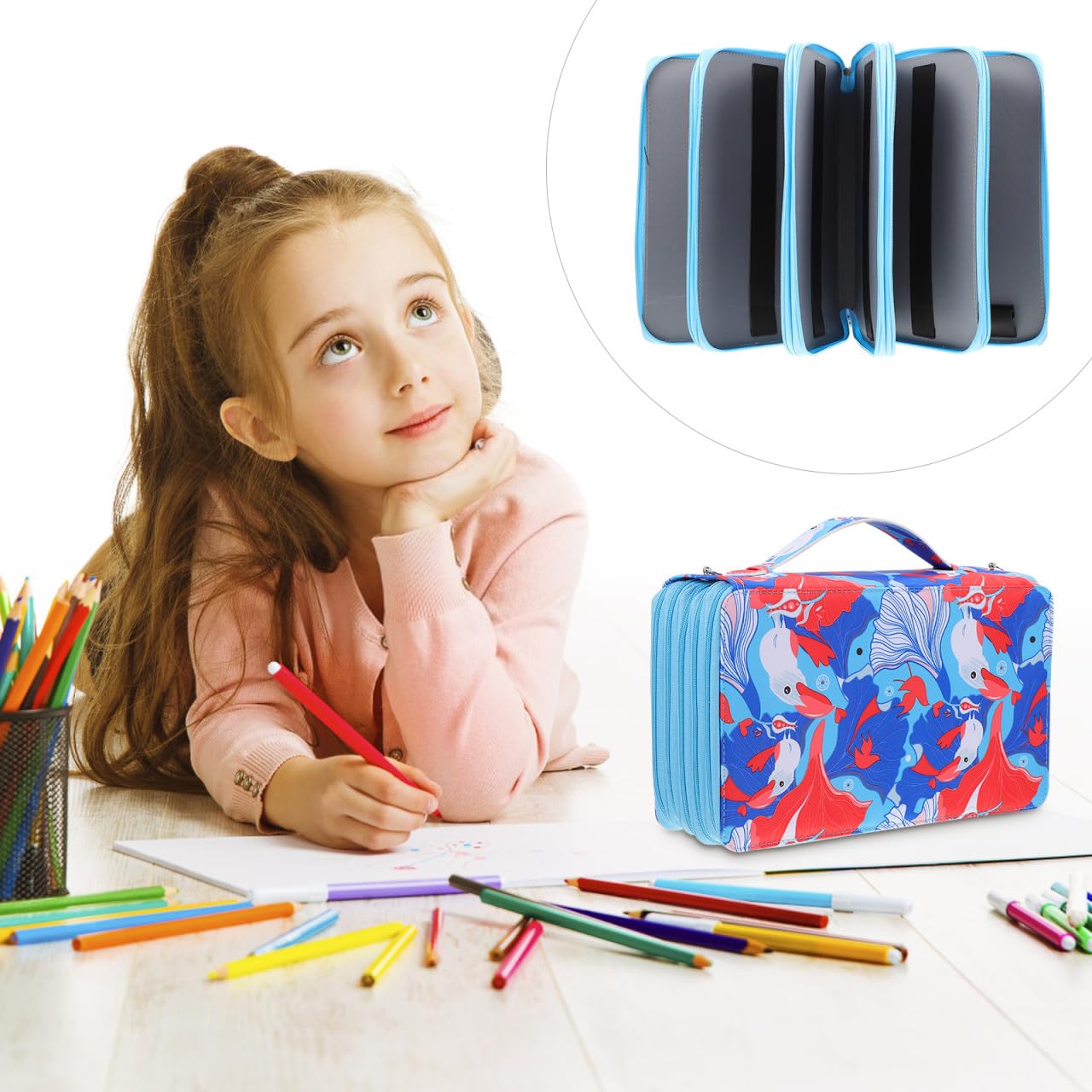 Astuccio Portamatite Grande Capacità Multistrato Blu Maniglia | Tessuto Oxford, Anelli Elastici e Zip, Astuccio Matite Arrotolabile per Scuola e Lavoro, Back To School Party