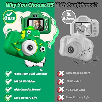 Children's Camera Dinosaur Selfie Digital Camera with 32GB Card Christmas Birthday Gift for Boys and Girls 1080P HD Children's Camera Gifts Toy for 3 4 5 6 7 8 9 10 11 12 Years