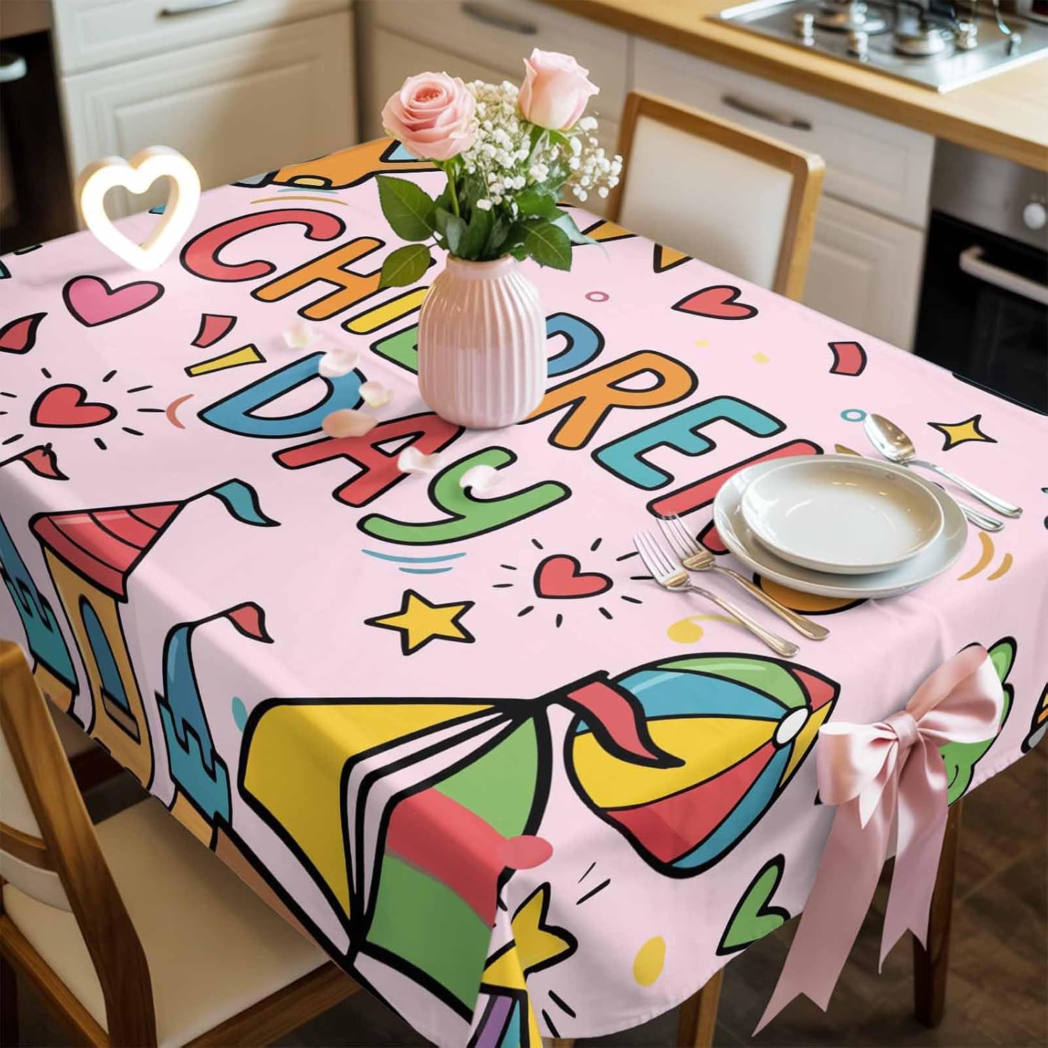 Happy Children's Day Waterproof Table Cloth Cartoon Sun Castle Boat Truck Leather Ball Pink Waterproof & Wrinkle Table Cover, Washable Polyester Soft Fabric Table Cloth for Outdoor Indoor Parties