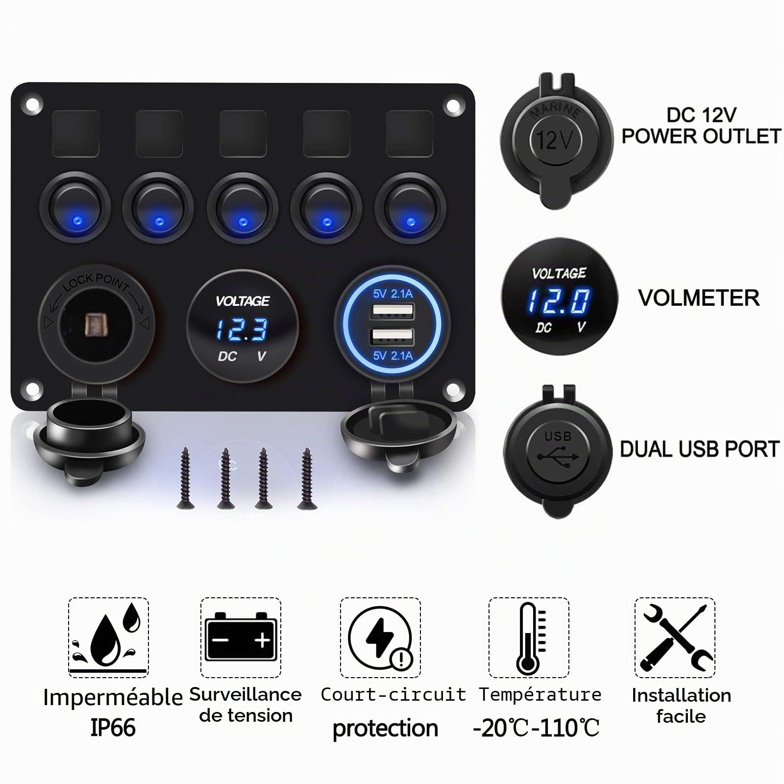 Geloo 5 Gang Panneau de Interrupteur à Bascule 12V/24V Étanche IP65 Panneau de Commutateur avec Chargeur Double USB Voltmètre Numérique pour Voiture Bateau Camion RV Marine Camping-car