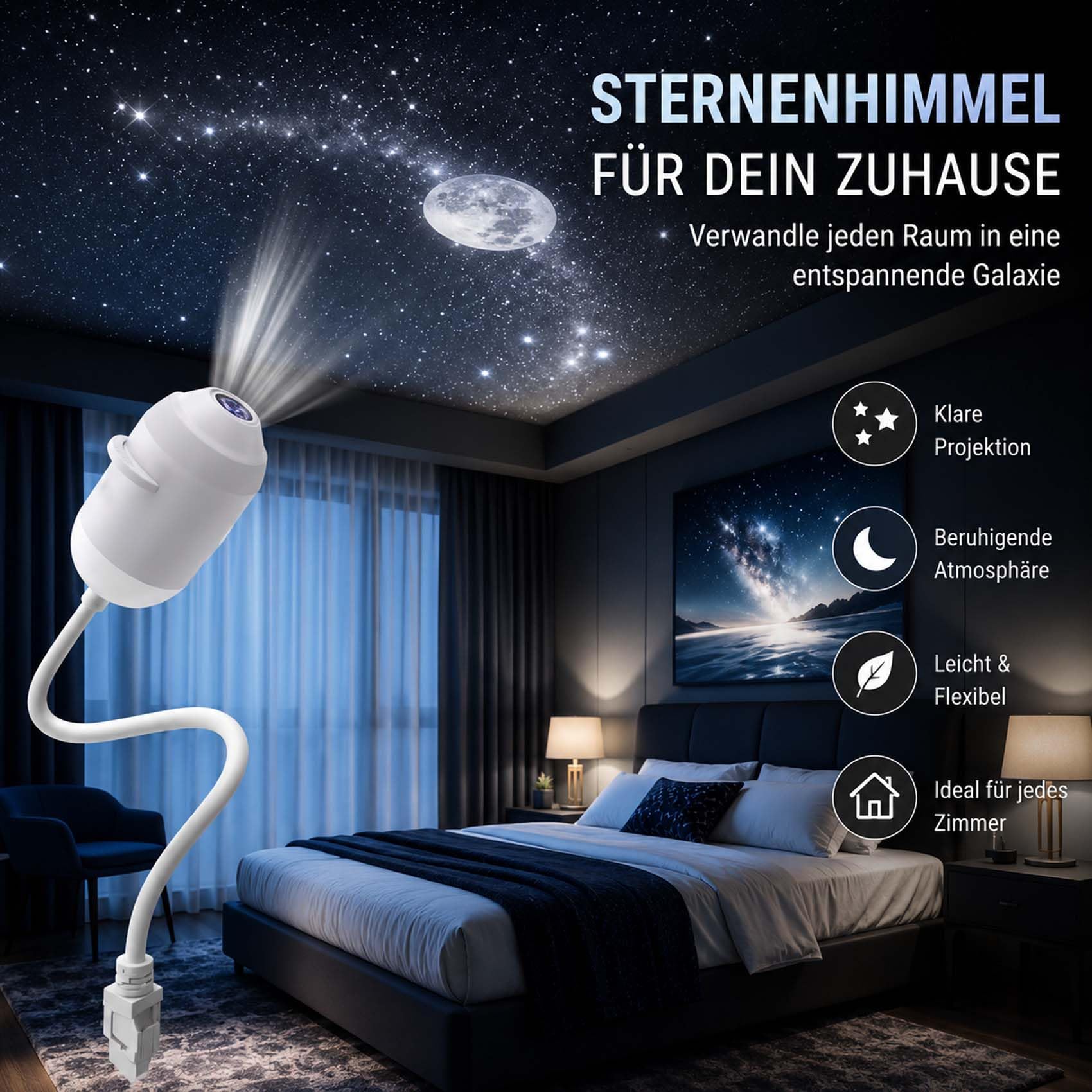 Comauo Night Light Projector, Plug And Play Hd Sternenprojektor mit 24 Projektionsfolien, Flexibler Schwanenhals, 360° Drehbar, Galaxy Nachtlicht für Kinderzimmer und Schlafzimmer (24 Sternensplitter)