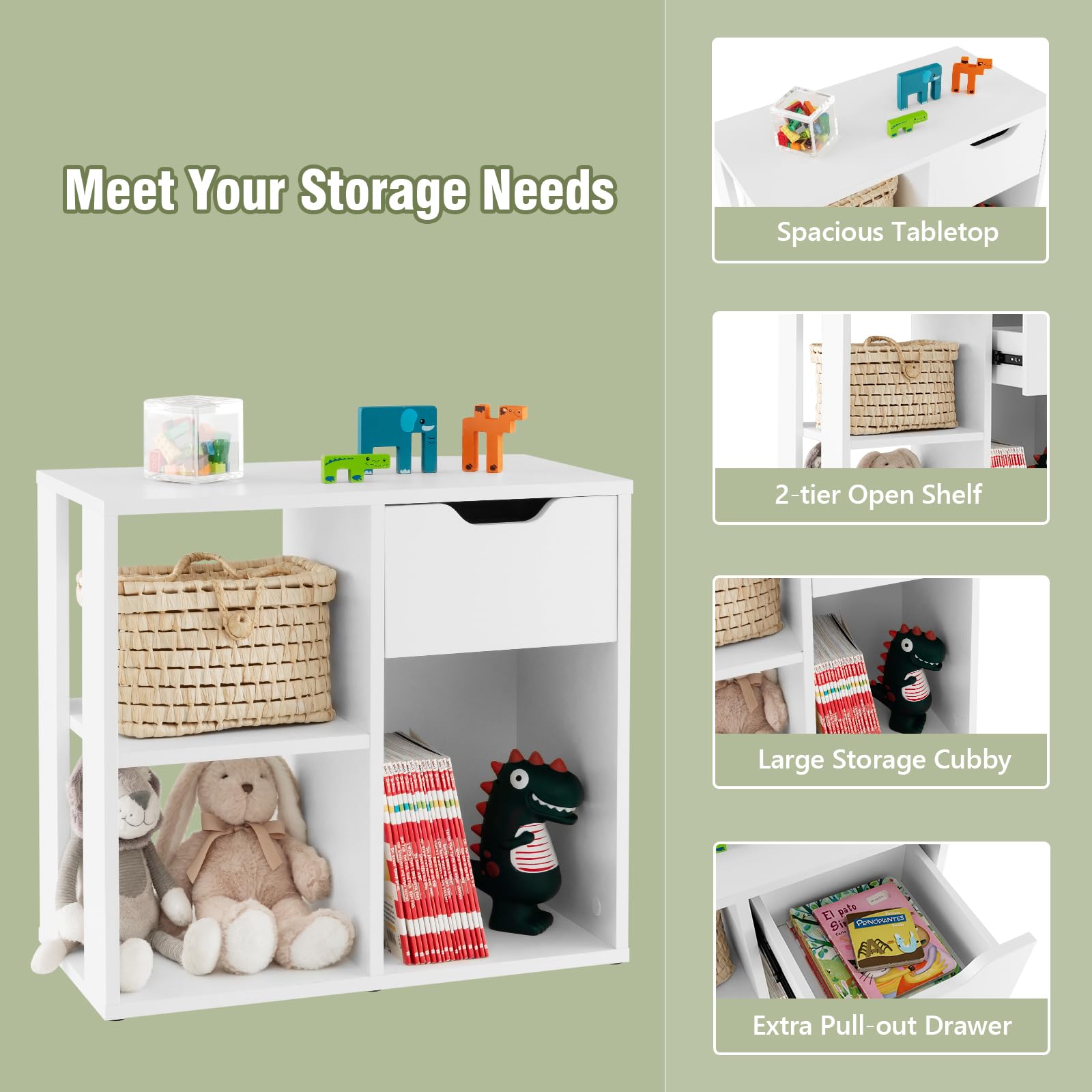 LIFEZEAL Tavolino Basso, Tavolino Laterale da Divano, con 1 Cassetto, 3 Scomparti Aperti, Libreria, Scaffale Portaoggetti, in Legno, Bianco, per Soggiorno, Moderno, Multiuso, Max 80 kg, 60x30x53 cm