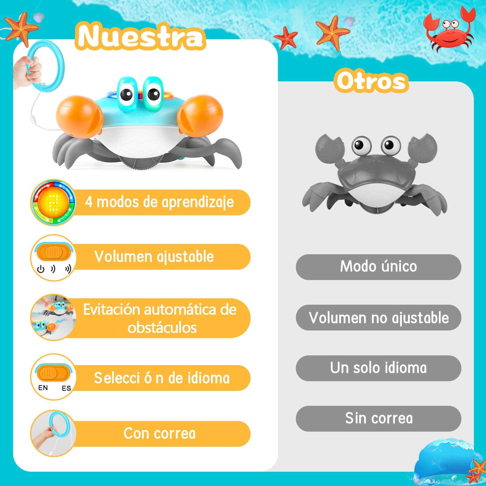 Aragallant Cangrejo bebé juguete, cangrejo electrónico para gatear a partir de 3, 4, 5, 6, 7 años, juguete sensorial para gatear con música y evitar obstáculos, Tummy Time Toys regalos para niños y