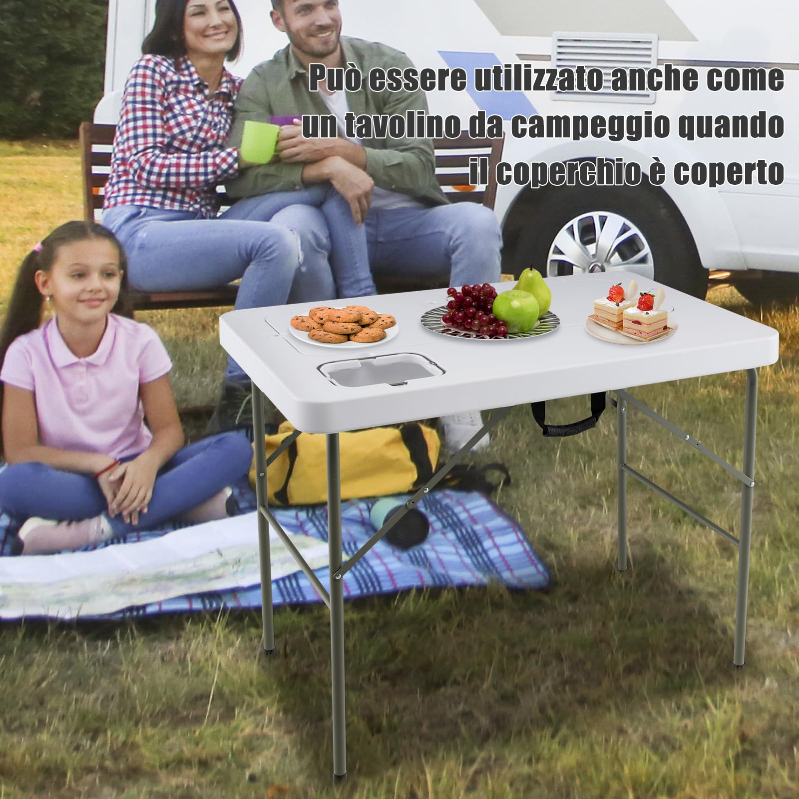 GYMAX Tavolo Portatile per la Pulizia del Pesce, con 2 Lavandini e Rubinetto Girevole, in Acciaio e HDPE, per Campeggio, Pesca, Picnic, Portata 150 kg, 101,5 x 65,5 x 107,5 cm