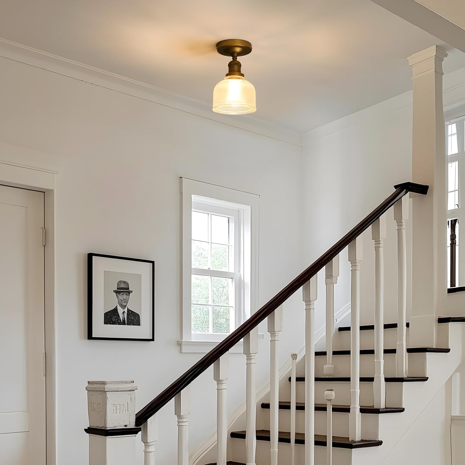 Yosoan Indoor Vintage Ceiling Light with Striped Shade, 1-Light Hardwired Modern Vanity Light Industrial Semi Flush Mount Ceiling Lamp Bowl Texture Glass for Kitchen Hallway(Antique)