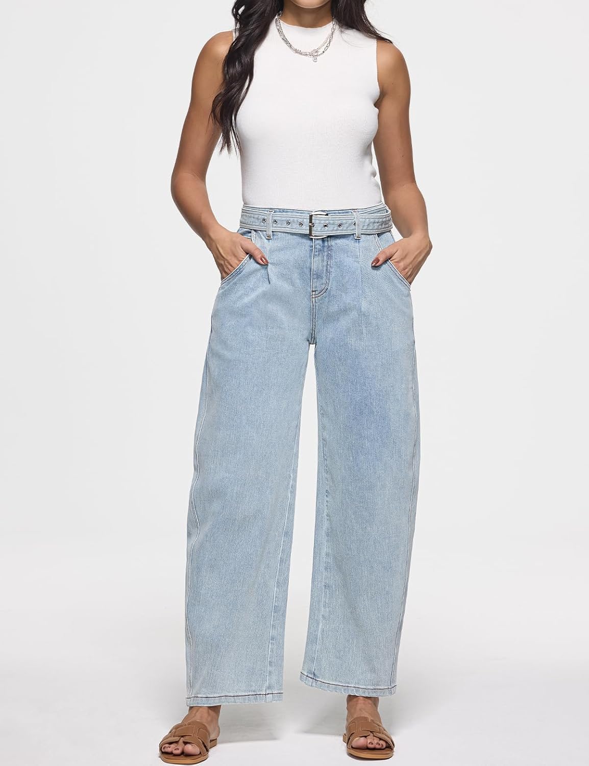 Barrel Jeans for Women Trendy High Waisted Baggy Wide Leg With Detachable Denim Belt Stretchy Denim Pants