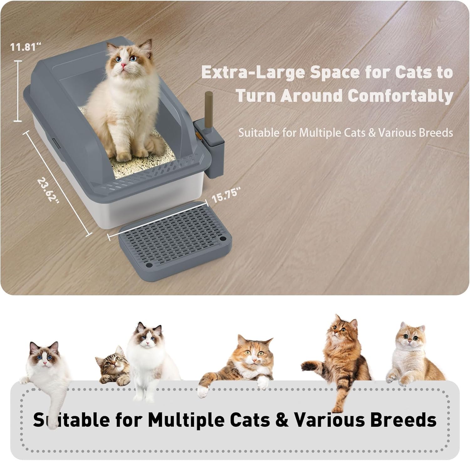 Stainless Steel Semi-Enclosed Cat Litter Box with Elevated Anti-Leak Feet XL for Big Cats Multi-Cat Homes High Sides Non-Stick Surface Includes Litter Scoop (Dark Grey)