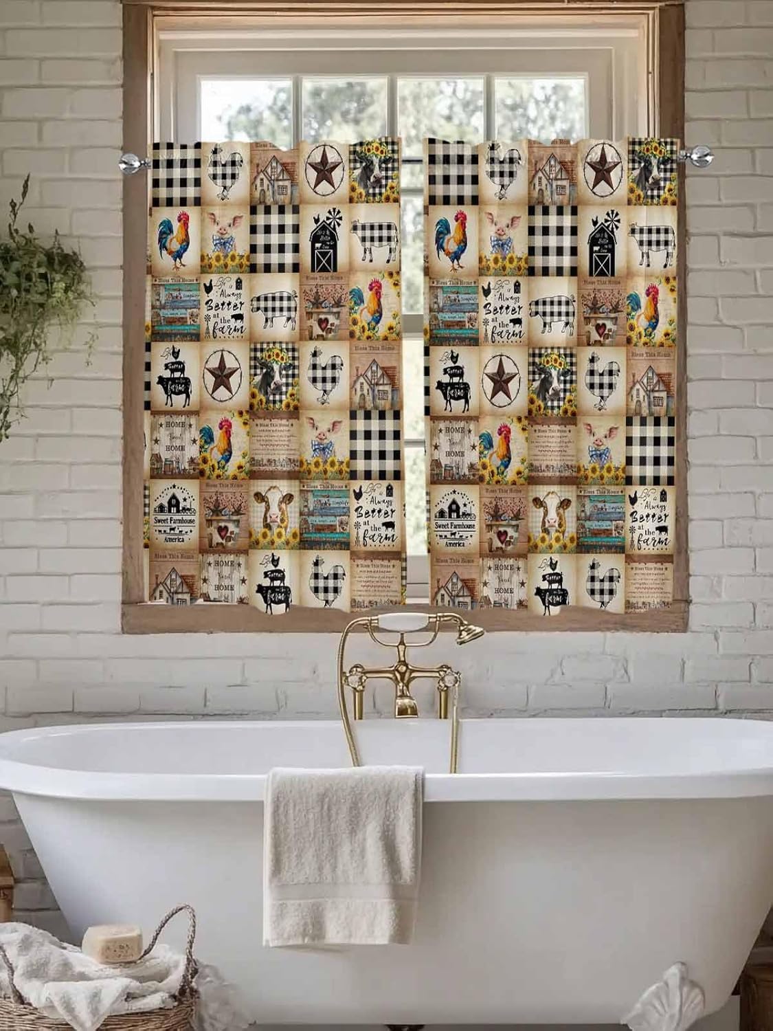 Seven Roses Farmhouse Animals 2 Panel Kitchen Curtains for Windows, Farm Country Cow Pig Rooster Plaid Bathroom Privacy Curtain, Home Décor Window Treatment for Bedroom/Living Room 55"x45"