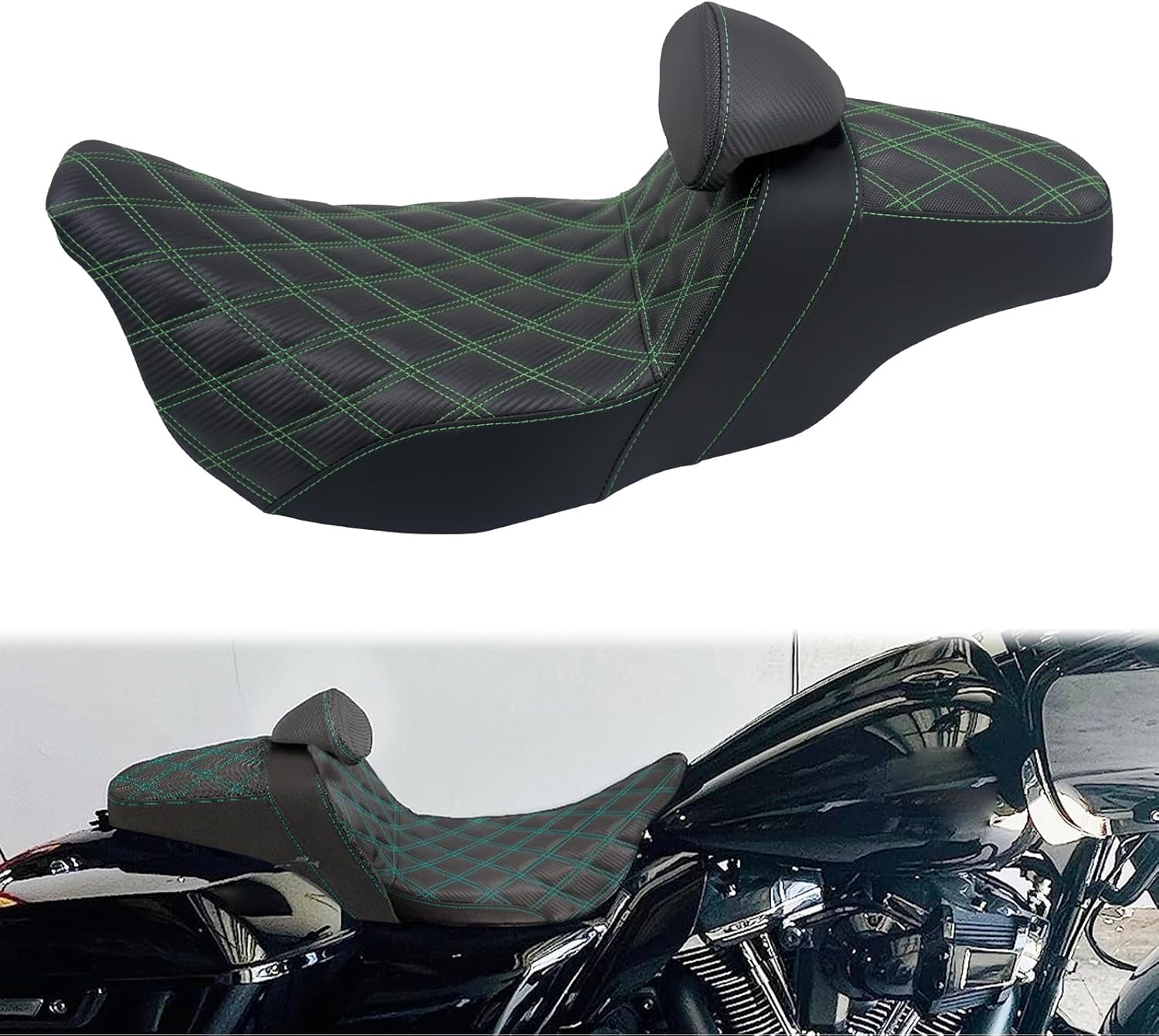 One-Piece Driver Passenger Seat Motorcycle 2-up Seat With Driver Backrest Cushion Pad Fit for Harley Touring Electra Glide Road King Road Glide Street Glide 2009-2023 (Green Stitching)